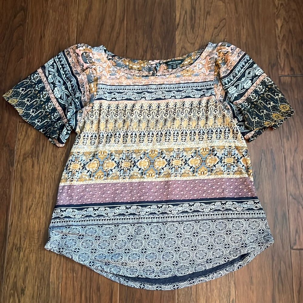 Lucky Brand Mixed-Print Short Sleeve Top - Navy, Mustard, Pink